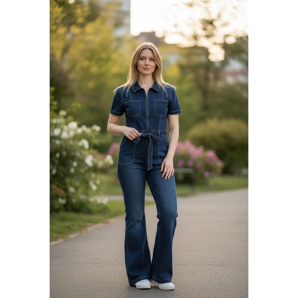 NWT SUKI SO Womens Denim Jumpsuit Belted Short Sleeve‎ Zipper Front Medium